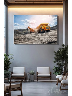Şehzat Design Maden Kamyonu (Damperli Kamyon) ve Turuncu Bir Ekskavatörü (Kazıcı) Yatay Kanvas Tablo 3906