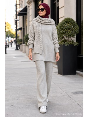 Hafsa Mina Atkılı Triko Takım Taş Rengi HM2960