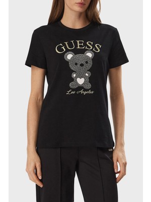 Guess Rhinestones Logolu % 100 Pamuk Bisiklet Yaka T Shirt V6BI28K9360 Kadın T Shirt V6BI28 K9360 Jblk