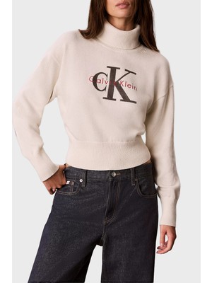 Calvin Klein Logolu % 100 Pamuk Balıkçı Yaka Kazak LV047H329GYAS Kadın Kazak LV047H329G Yas