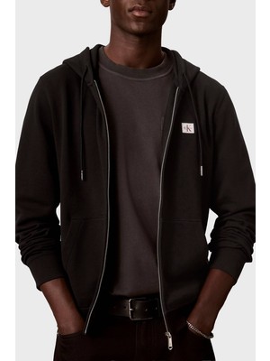 Calvin Klein Logolu Şardonlu Pamuk Karışımlı Kapüşonlu Fermuarlı Sweat LV04RH234GUB1 Erkek Sweat LV04RH234G Ub1