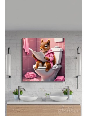 Şehzat Design Pembe Bornoz Giymiş Tuvalette Gazete Okuyan Eğlenceli Bir Sincap Kare Kanvas Tablo Tekli 4158
