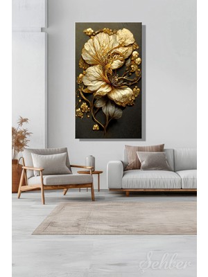 Şehzat Design Panoramik Dikey Kanvas Tablo Tekli Ev Ofis Vintage Zarif Altın ve Siyah Çiçek Figürleri 1818