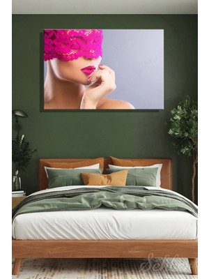 Şehzat Design Pembe Dantel Maskeli Pembe Rujlu Kadın Portre Kanvas Tablo Yatay Tekli Ev Kafe Ofis 3305