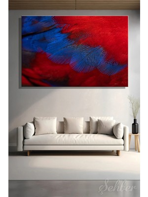 Şehzat Design Kırmızı Zeminde Canlı Mavi Tüy Geçişlerine Sahip Dekoratif Yatay Kanvas Tablo 4319