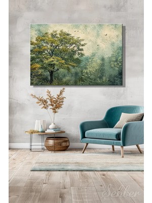 Şehzat Design Yeşil Tonlarında Ağaç ve Kuş Motifli Soyut Manzara Yatay Kanvas Tablo Tekli 4137