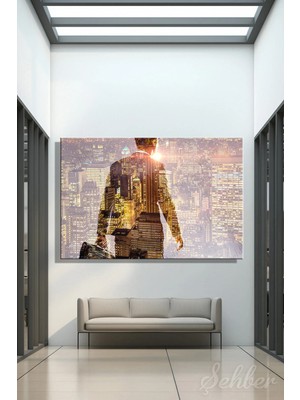 Şehzat Design Çift Pozlama (Double Exposure) Iş Insanı ve Şehir Silüetli Yatay Kanvas Tablo Tekli 3816