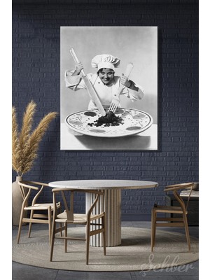 Şehzat Design Neşeli Bir Aşçıyı Gösteren Vintage Siyah-Beyaz Bir Fotoğraf Yatay Kanvas Tablo 4211