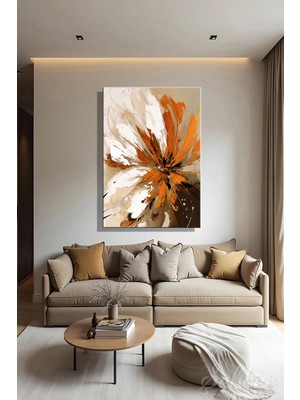 Şehzat Design Turuncu Kahverengi Beyaz Tonlarda Soyut Çiçek Motifi Dekoratif Dikey Kanvas Tablo 4192