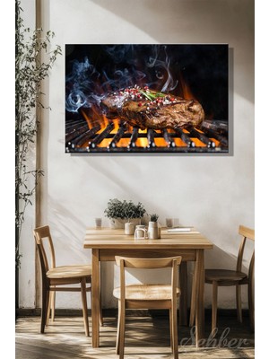 Şehzat Design Mangal Izgarasında Biberiye Taneli Baharatlar Dana Bonfile/antrikot (Steak) Yatay Kanvas Tablo 3770