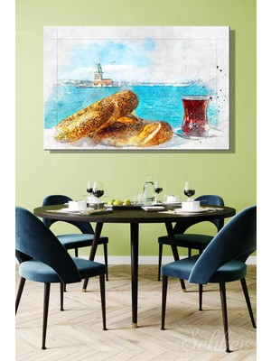 Şehzat Design Kız Kulesi Manzarası Eşliğinde Simit ve Ince Belli Bardakta Çay Yatay Kanvas Tablo 4054