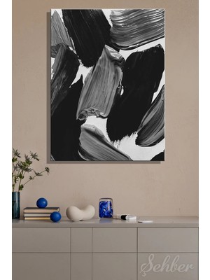 Şehzat Design Kanvas Tablo Dikey Tekli Ev Kafe Ofis Yoğun Spatula Efekt Soyut Siyah Beyaz Tasarım 2349
