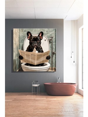 Şehzat Design Tuvalette Gazete Okuyan Siyah Fransız Bulldog Köpeği Esprili Kare Kanvas Tablo Tekli 4145