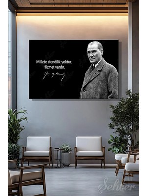 Şehzat Design Gazi Mustafa Kemal Atatürk'ün Siyah-Beyaz Portresi ve Bir Özlü Sözü Yatay Kanvas Tablo 4179