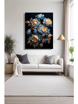 Şehzat Design Dikeytekli Kanvas Modern Tablo Ev Ofis 3D Gold Efekt Mavi ve Krem Şakayıklar Çiçek 2123