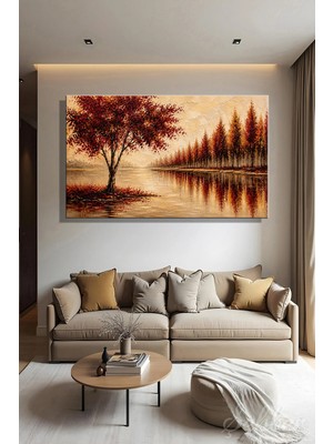Şehzat Design Yağlı Boya Efekt Kızıl Tonlarda Soyut Ağaçlar ve Göl Manzarası Kanvas Tablo Yatay Tekli 4128