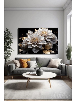 Şehzat Design Kanvas Tablo Yatay Tekli Salon Mutfak Yatak Odası Ofis Altın Rengi Yapraklı Beyaz Lotus 1708