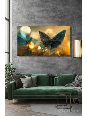 Şehzat Design Panoramik Yatay Kanvas Tablo Tekli Ev Kafe Ofis Parlayan Işıklar Altında Mavi Kelebek Tasviri 2219