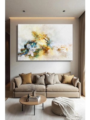 Şehzat Design Beyaz Çiçek Motifli Zarif Soyut Venedik Maskesi Sulu Boya Efekt Yatay Kanvas Tablo 4006