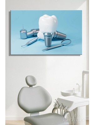 Şehzat Design Dental Implant Modeli ve Muayene Aletlerini Gösteren Dijital Illüstrasyon Yatay Kanvas Tablo Tekli 3
