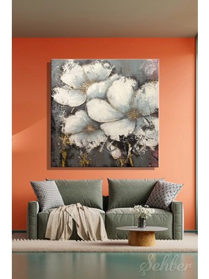 Şehzat Design Dekoratif Kare Kanvas Tablo Tekli Salon Mutfak Yatak Odası Ofis Gold Efekt Soyut Beyaz Çiçek 1541