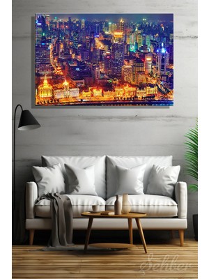 Şehzat Design Çin'in Şanghay Şehri Tarihi The Bund (Waitan) Sahil Şeridi Gece Silüeti Yatay Kanvas Tablo 4219
