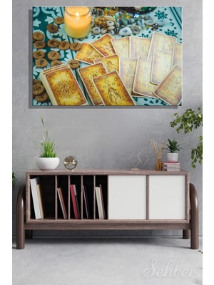 Şehzat Design Dekoratif Kanvas Tablo Yatay Tekli Ev Kafe Ofis Mumlar Rün Taşları Ile Çevrili Tarot Kartları 2964