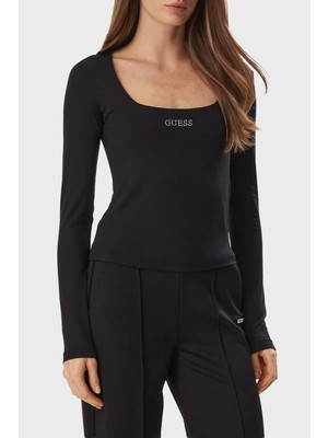 Guess Lotus Logolu Slim Fit Geniş Yaka Top V6BP05K6318 Kadın Top V6BP05 K6318 Jblk