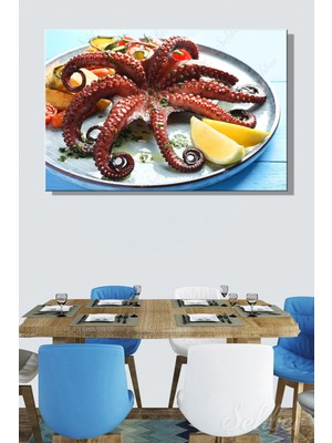 Şehzat Design Otlar, Sebzeler ve Limon Dilimleri Eşliğinde Sunulan Kızartılmış Ahtapot Yatay Kanvas Tablo Tekli 35