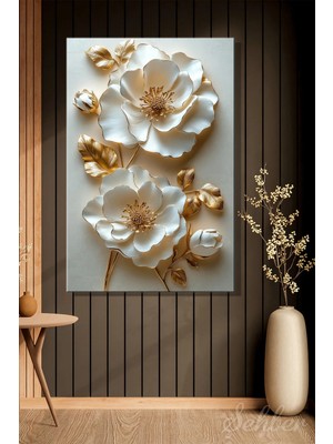 Şehzat Design Dekoratif Dikey Kanvas Tablo Tekli Salon Mutfak Yatak Odası Ofis 3D Gold Efekt Beyaz Çiçek 1012