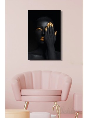 Şehzat Design Dekoratif Dikey Kanvas Tablo Tekli Kuaför Güzellik Salonu Makyaj Nail Art Gold Efekt Kadın Portre-11