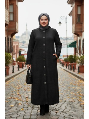 Hermevsim Hesna Kadın Nurel Battal Beden Kışlık Kare Çıtçıtlı Siyah Pardesü