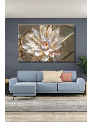Şehzat Design Dekoratif Yatay Kanvas Tablo Tekli Salon Mutfak Yatak Odası Ofis Gold Efekt Lotus Nilüfer Çiçek 1521