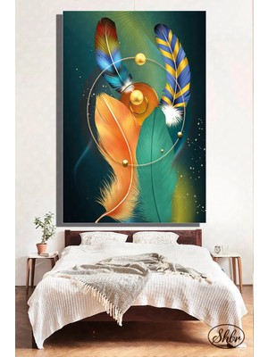 Şehzat Design Tekli Dikey Kanvas Dekoratif Duvar Tablosu Soyut Renkli Tüyler Illüstrasyon