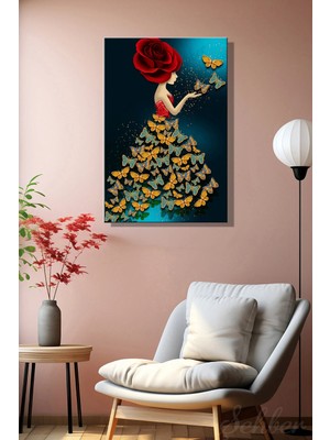 Şehzat Design Modern Duvar Tablosu Dikey Kanvas Tekli Salon Mutfak Yatak Odası Ofis Kelebek Etekli Kadın