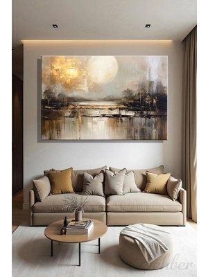 Şehzat Design Kanvas Tablo Yatay Tekli Salon Mutfak Yatak Odası Ofis Yağlı Boya Efekt Soyut Dolunay Manzara