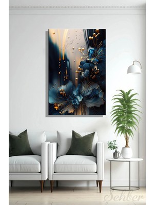 Şehzat Design Dikey Tekli Kanvas Duvar Tablosu Modern Salon Mutfak Yatak Odası Ofis Altın Efekt Mavi Çiçekler