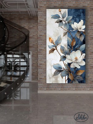 Şehzat Design Tekli Dikey Kanvas Tablo Beyaz Mavi Çiçekler Dekoratif Kanvas Duvar Tablosu