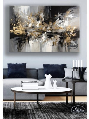 Şehzat Design Tekli Yatay Kanvas Tablo Yağlıboya Görünümlü Gold Siyah Beyaz Soyut Kanvas Duvar Tablosu