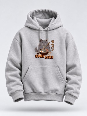 North Whiskers Kedi ve Ramen Baskılı Unisex Hoodie – Anime Esintili Kapüşonlu Sweatshirt