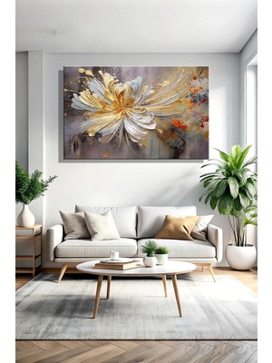 Şehzat Design Modern Duvar Tablosu Yatay Kanvas Tekli Salon Mutfak Yatak Odası Ofis Gold Efekt Çiçek