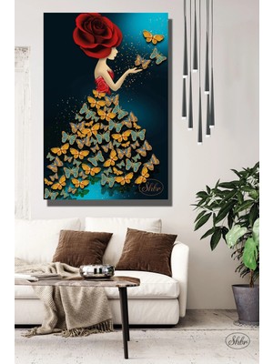 Şehzat Design Tekli Dikey Kanvas Tablo, Gül Şapkalı, Kelebek Etekli Kadın ,dekoratif Kanvas Duvar Tablosu