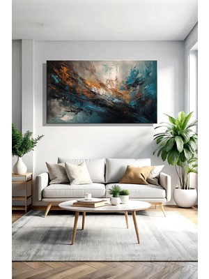 Şehzat Design Panoramik Yatay Kanvas Tablo Tekli Salon Mutfak Yatak Odası Ofis Soyut Turkuaz Altın Siyah