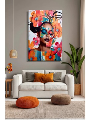 Şehzat Design Kanvas Duvar Tablosu Dikey Tekli Salon Mutfak Yatak Odası Ofis Çiçek Kolajlı Kadın Portre