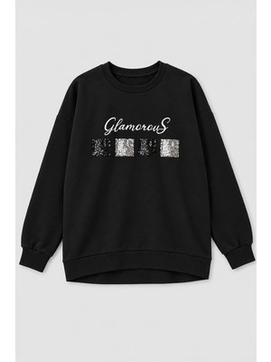 Markapia Woman Kadın Bisiklet Yaka Pul Detaylı Siyah Sweatshirt