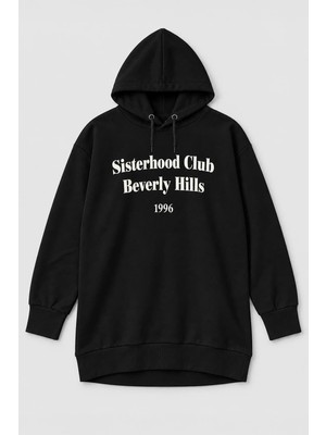 Markapia Woman Kadın Kapüşonlu Yazı Baskılı Siyah Tunik Sweatshirt