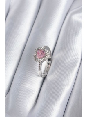 Bin1çeşit Pirinç Gümüş Renk Pembe Zirkon Taş Kalp Charm Model Kadın Yüzük