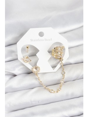 Bin1çeşit Uzay Model Pirinç Renk Zincir Bağlantılı Ear Cuff Küpe Seti