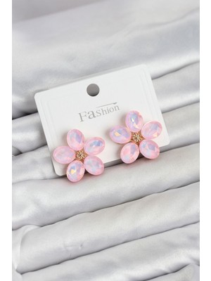 Bin1çeşit Pembe Renk Kristal Taşlı Çiçek Model Kadın Küpe