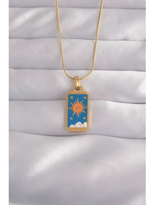 Bin1çeşit 316L Çelik Renk Mavi Mineli Güneş Model Tarot Kolye